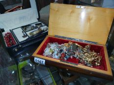 An inlaid jewellery box and one other with contents, including necklaces, watches etc