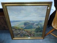 A large gilt framed oil on canvas of farmland. signed E. Giessing. 76cm x 71cm.