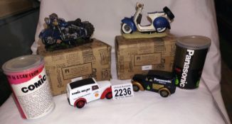 A Lledo Panasonic & Comic Relief van in a can & die cast models & 2 boxed Shudehill resin motorcycle