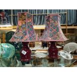 A pair of red pottery table lamps with shades, COLLECT ONLY.