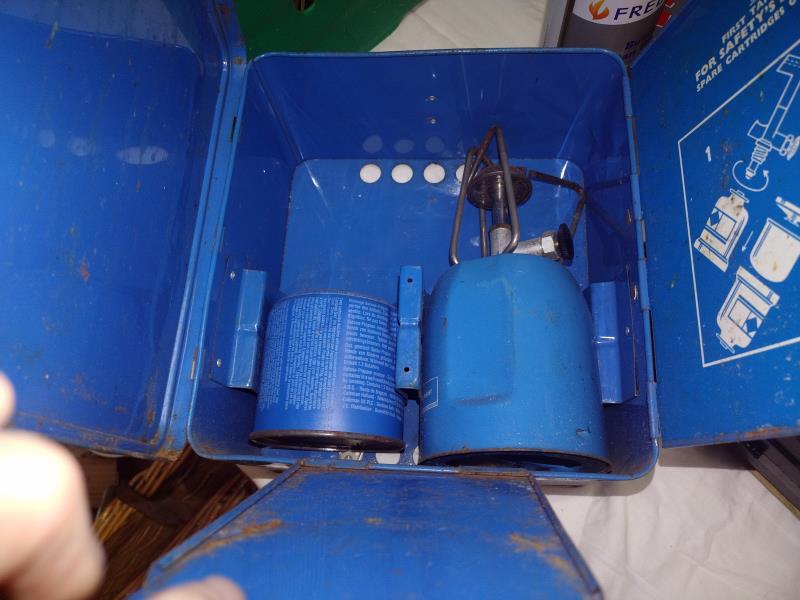 A Vintage camping Gas Deluxe super Bleuet stove and modern portable gas cooker with four canisters. - Image 2 of 2