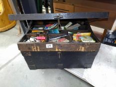 An old pine tool box and contents. COLLECT ONLY.