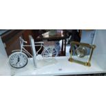 Vintage style bicycle clock bookends and a brass framed London quartz clock