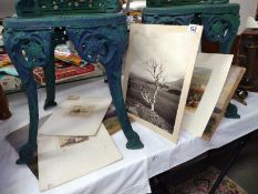 A mixed lot of unframed engravings, photographs and watercolours