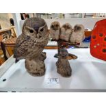 A Poole pottery owl and field mouse plus 1 other group figure of owls