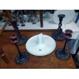 A pair of barley twist oak candlesticks. A Pair of painted wood candlesticks and a large Ikea