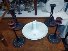 A pair of barley twist oak candlesticks. A Pair of painted wood candlesticks and a large Ikea