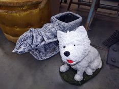 Two stone garden ornaments of a horse and cart, planter and cairn terrier dog COLLECT ONLY.