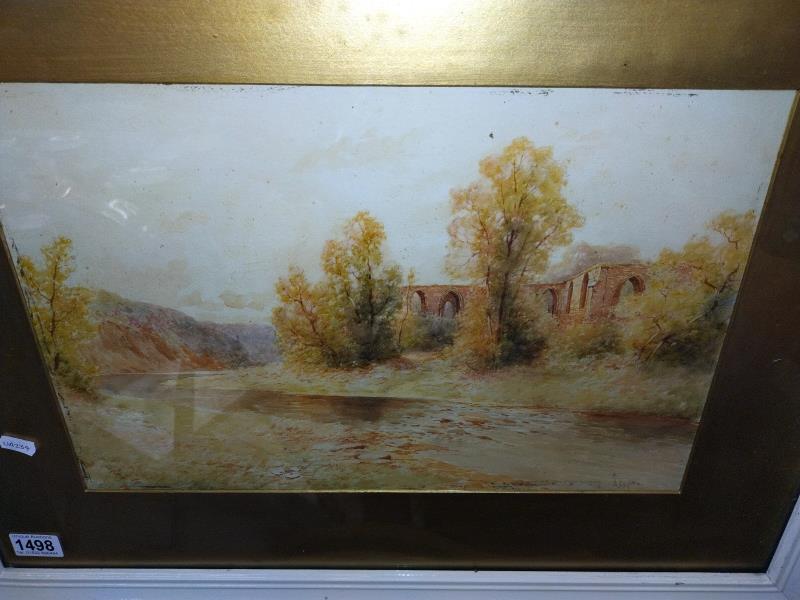 A framed and glazed watercolour of ruins by a river. H.English 74cm x 58cm. COLLECT ONLY. - Image 2 of 3