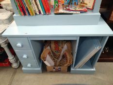 A blue painted pine desk. (110cm x 51cm x Height 77cm). Shelf brackets missing from shelves. COLLECT