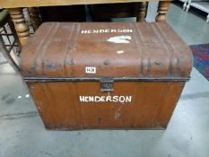 A vintage dome top tin trunk. 67cm x 43cm x height 47cm. COLLECT ONLY.
