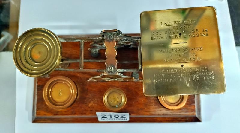 Victorian/Edwardian brass postal scales by S. Morden & co London. On a Oak base with weights - Image 3 of 3