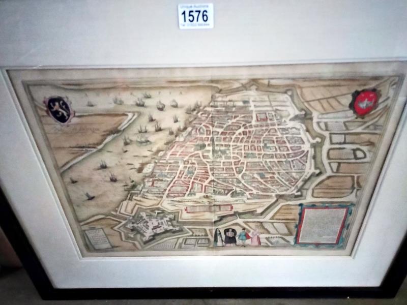 A framed map of 16th century Antwerp city wall art print. 73 cm x 61cm. COLLECT ONLY - Image 2 of 2