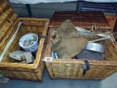 Two wicker fishing creel baskets and contents. COLLECT ONLY.