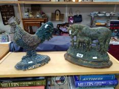 Two large cast iron doorstops of a pair of horses and a cockerel. COLLECT ONLY.