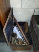 An Iron box and contents including brass brake pipe parts etc COLLECT ONLY.