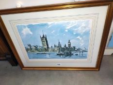 A large gilt framed signed print of the Palace of Westminster. 72cm x 57cm. COLLECT ONLY.