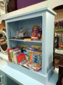 A blue painted bookshelf (only one shelf) Width 92cm, depth 33.5cm, height 97cm