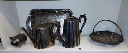 Silver plated tea/coffee pots, trays and pig moneybox