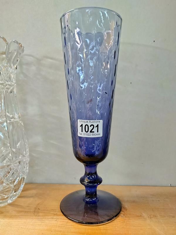 A heavy cut glass vase, 26 cm and a blue glass vase, 30 cm. COLLECT ONLY. - Image 3 of 3