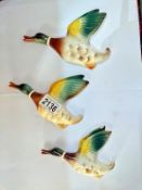 A set of 3 graduated pottery flying ducks wall ornaments embossed England on rear