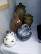 5 pieces of Studio pottery including lidded storage jars & vase etc. COLLECT ONLY.