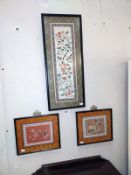 Three framed oriental silk pictures. 29cm x 25cm, 63cm x 26.5cm.