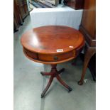 A mahogany drum top wine/tea table with two drawers. 51cm x 56cm. COLLECT ONLY.