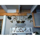 Two complete, 5 arm brass ceiling lights with large cut glass flycatcher centre shade and 3 others