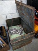 An old iron deed box and quantity of glazed tiles. COLLECT ONLY.