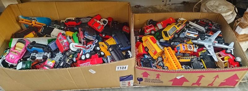 Two boxes of mixed play worn Diecast including Matchbox, Corgi and Majorette.