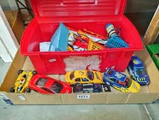 Six Scalextric cars and three hand controllers etc