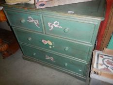 A green painted shabby chic chest of drawers with floral decoration, 88 x 48 x 78 cm, COLLECT ONLY.