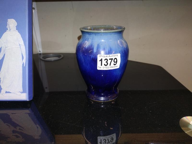 A Grantham Co-Operative Society Ltd Diamond Jubilee year 1872-1932 Splash blue glazed vase. Height