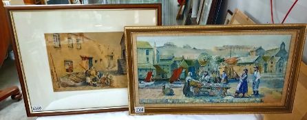 H. Tavner (XX) Watercolour painting of fishermen repairing their nets, possibly Cornwall signed