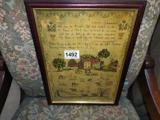 A framed print of a 19th Century sampler. 33cm x 14.5cm. COLLECT ONLY.