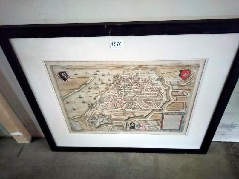 A framed map of 16th century Antwerp city wall art print. 73 cm x 61cm. COLLECT ONLY