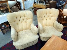 A pair of Edwardian button back wing armchairs. COLLECT ONLY