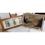 A Chinese silk on board picture (44.5cm x 34cm) & A framed 3 watercolours of Chinese men (57.5cm x