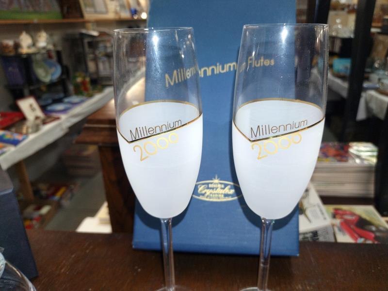 A boxed pair of Millenium flute glasses and a pair of Queens Diamond Jubilee candle holders. - Image 4 of 4