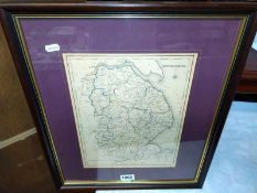 A framed copy of a vintage map of Lincolnshire. 49 cm x 41.5cm. COLLECT ONLY.