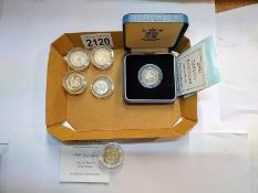 5 various silver proof Â£1 coins in 1998 Guernsey. 2000 & 3 x 2003 pattern & 1963 sixpence