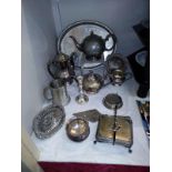 A mixed lot of silver plate including tea set, tray etc.