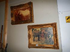 Two vintage gilt framed over painted prints of horses, 56 x 44 cm, COLLECT ONLY.