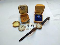 Two 9ct gold rings & 2 gold backed watches A/F