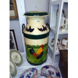 A painted milk churn decorated with Cockerel, Hen and chickens. COLLECT ONLY.
