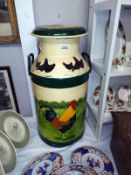 A painted milk churn decorated with Cockerel, Hen and chickens. COLLECT ONLY.