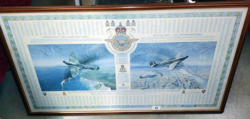 A framed & glazed 'The Battle of Britain' print featuring all the pilots who fought in the Battle