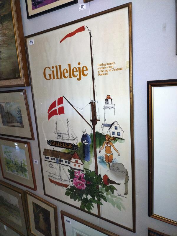 A large framed advertising poster print for Gilleleje, fishing hamlet, Denmark (64cm x 101cm)