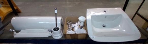 A white bathroom sink and quantity of bathroom accessories, COLLECT ONLY.